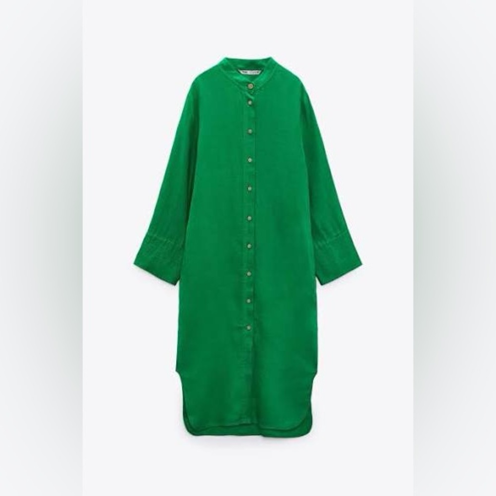 Zara Green Linen Button-Up Shirt Dress. NWT.
